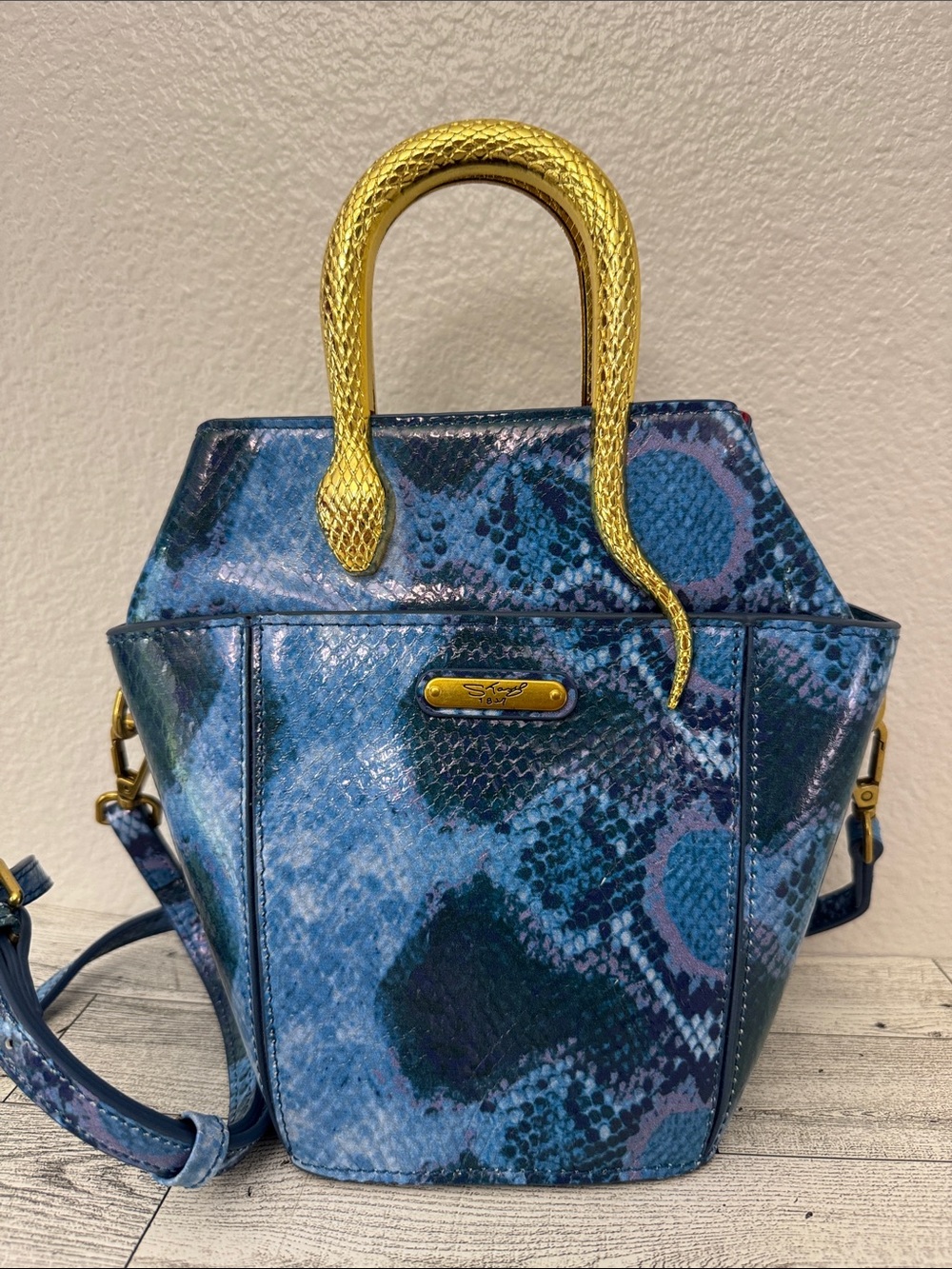 Sharif Blue Leather Snake-Print Crossbody with Gold Snake Handle